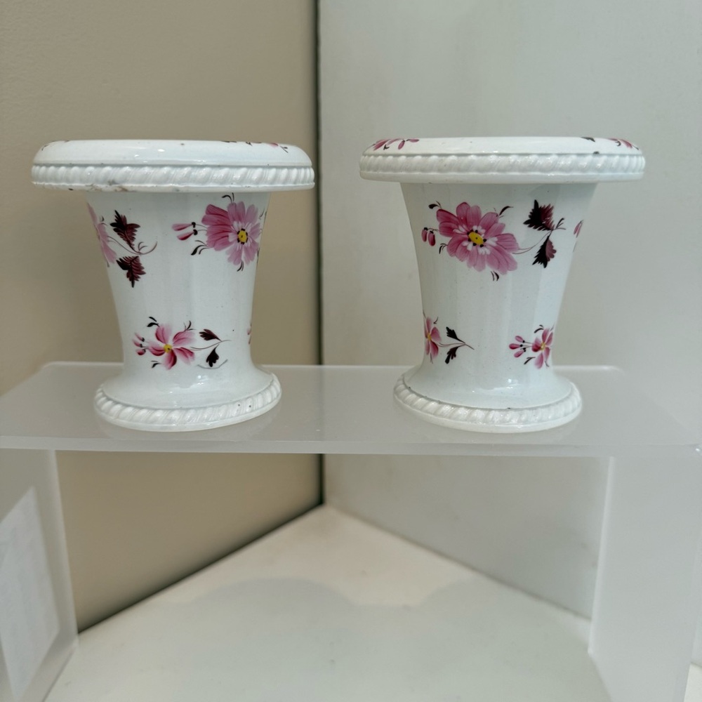 Antique Davenport Porcelain Pair Of Small Floral Vases With Anchor Mark